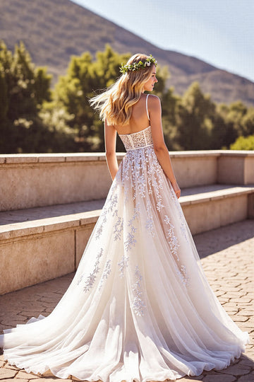 A Line V Neck Ivory Corset Long Wedding Dress